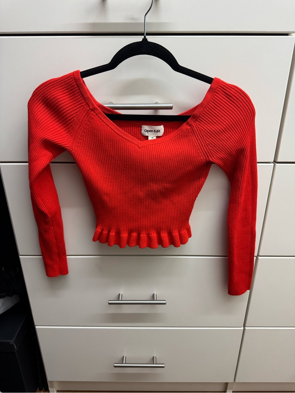 Open Edit Women’s Off-the-Shoulder Red Ribbed Sweater